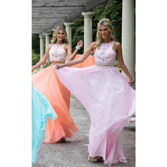 Rachel Allen 7220 Piece High Neck Racerback Beaded Crop Top Chiffon Skirt Size 2 - Picture 13 of 14